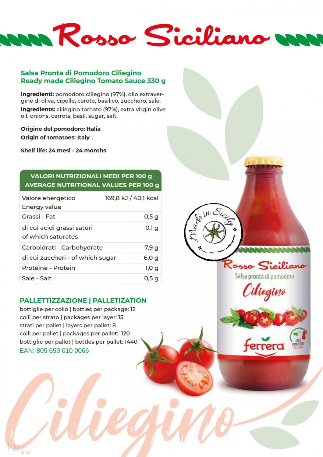 Tomato Sauce of 100 % Sicilian Cherry tomatoes 330 gr. - Ferrera - H&H Shop